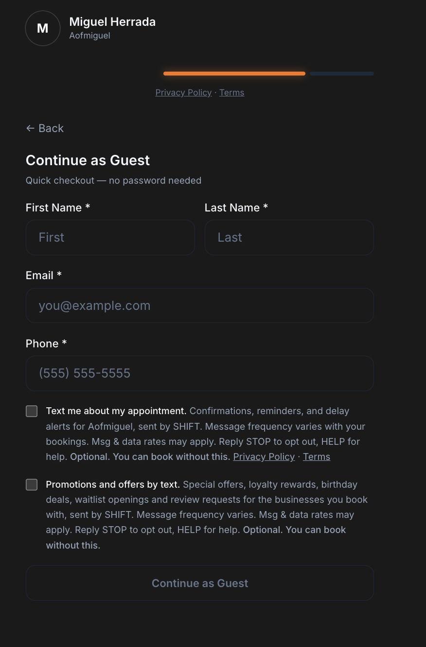 SHIFT guest checkout booking form with two SMS consent checkboxes, both unchecked, shown below the phone number field