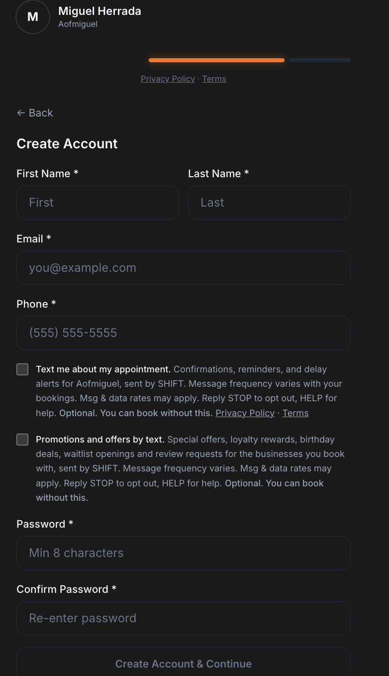 SHIFT create account form with two SMS consent checkboxes, both unchecked, shown below the phone number field