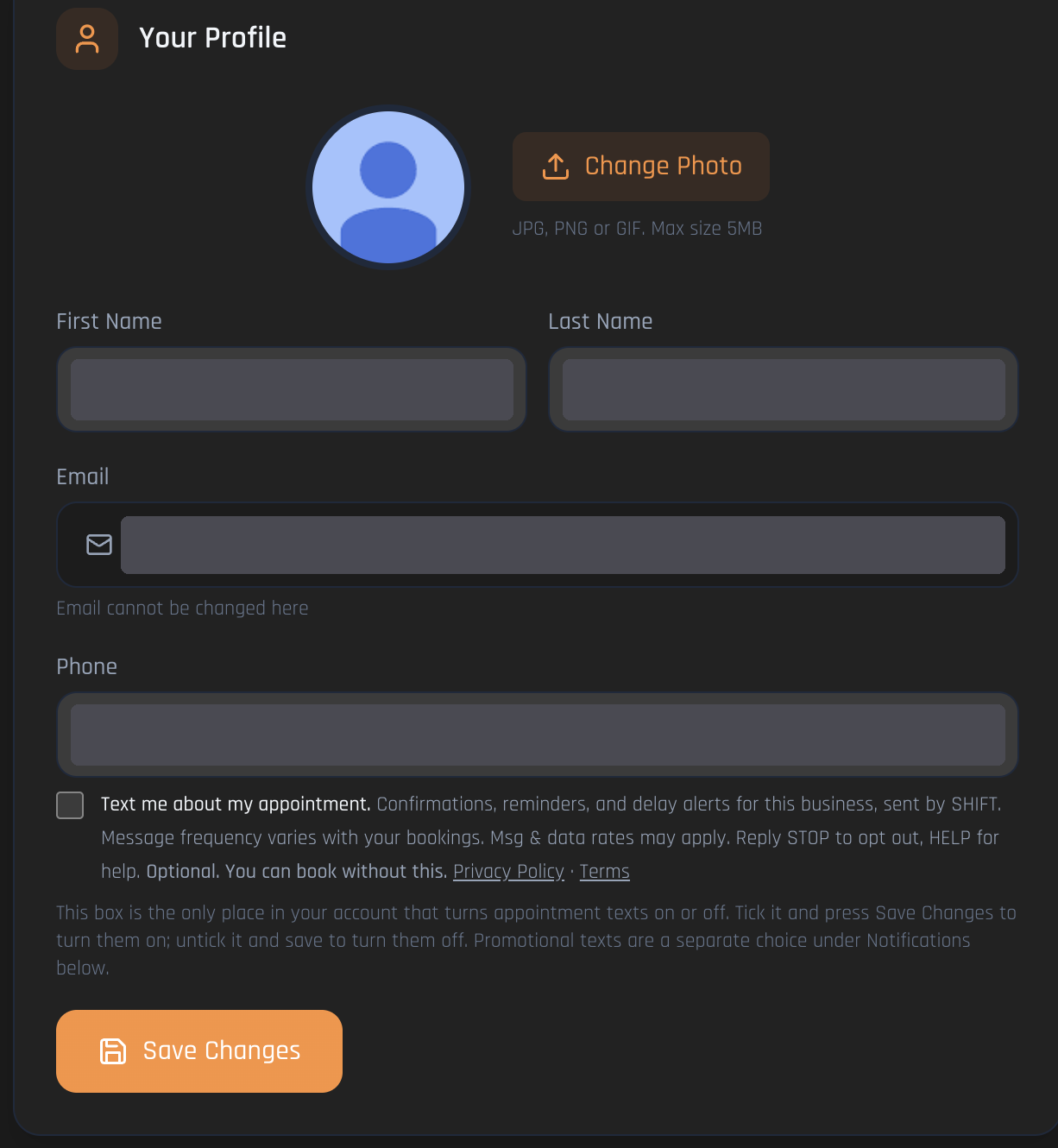 SHIFT client account settings showing the appointment messaging consent checkbox unchecked, with account details redacted