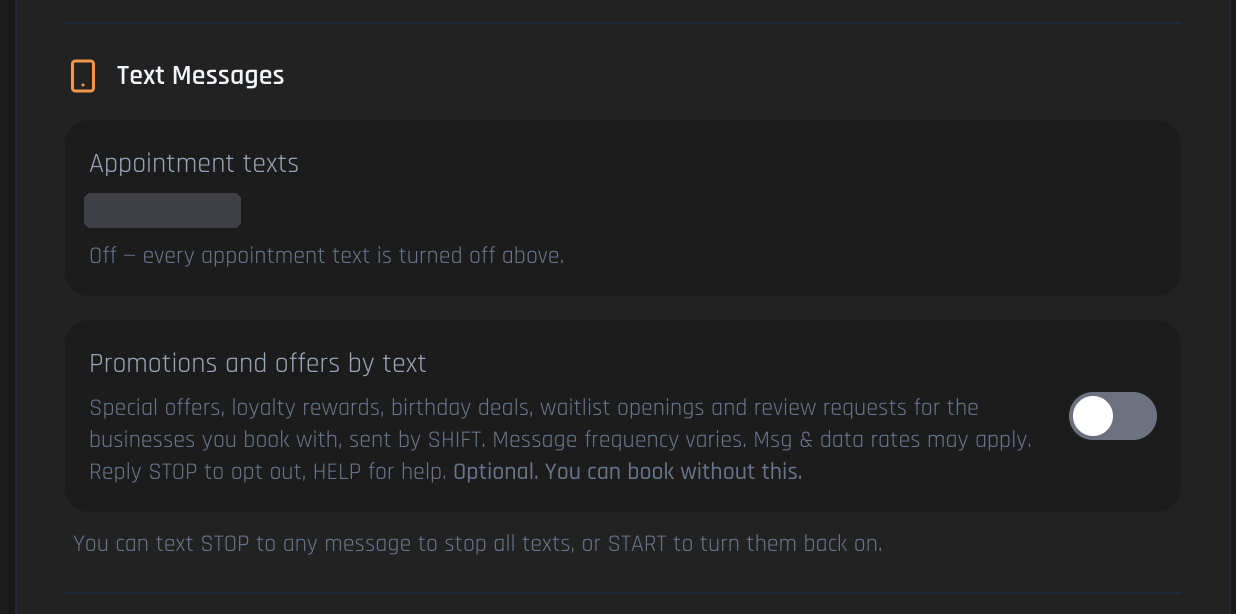 SHIFT client account messaging preferences showing appointment texts set to Off, with the phone number redacted